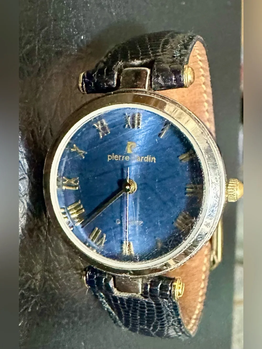 Pierre Cardin Blue Dial Gold-Tone Case Black Leather Strap Watch